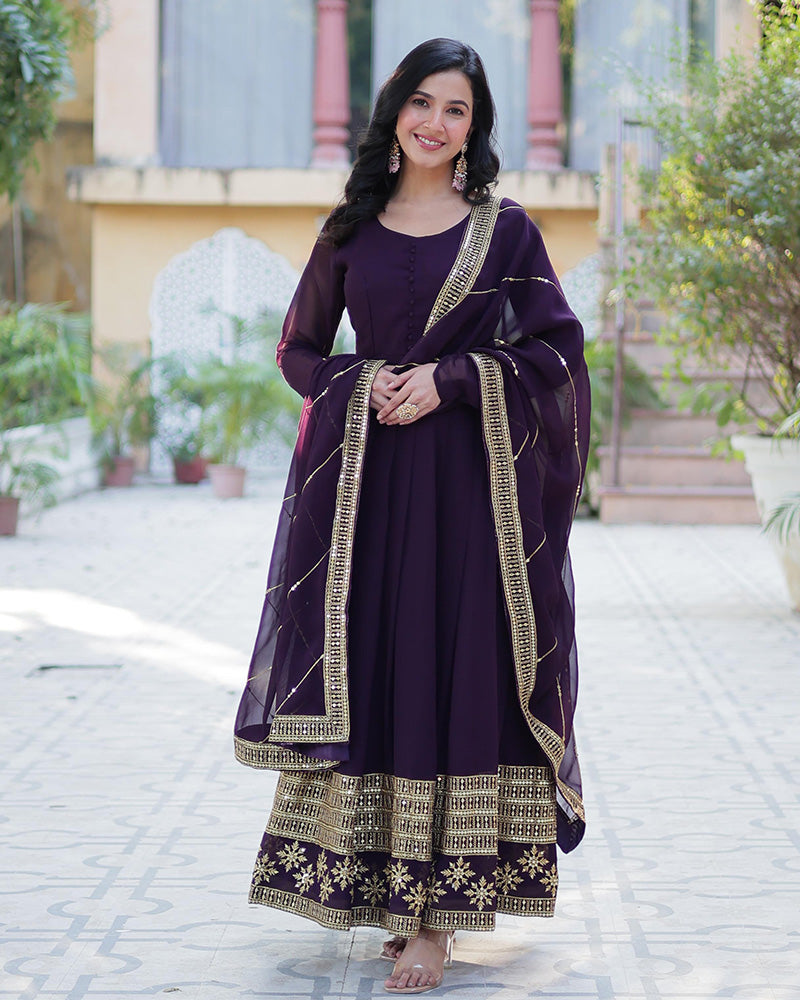 Exclusive Dark Wine Color Attractive Sequence Embroidery Work Gown