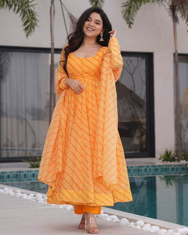 Yellow Color Laheriya Print Tabby Organza Anarkali Suit