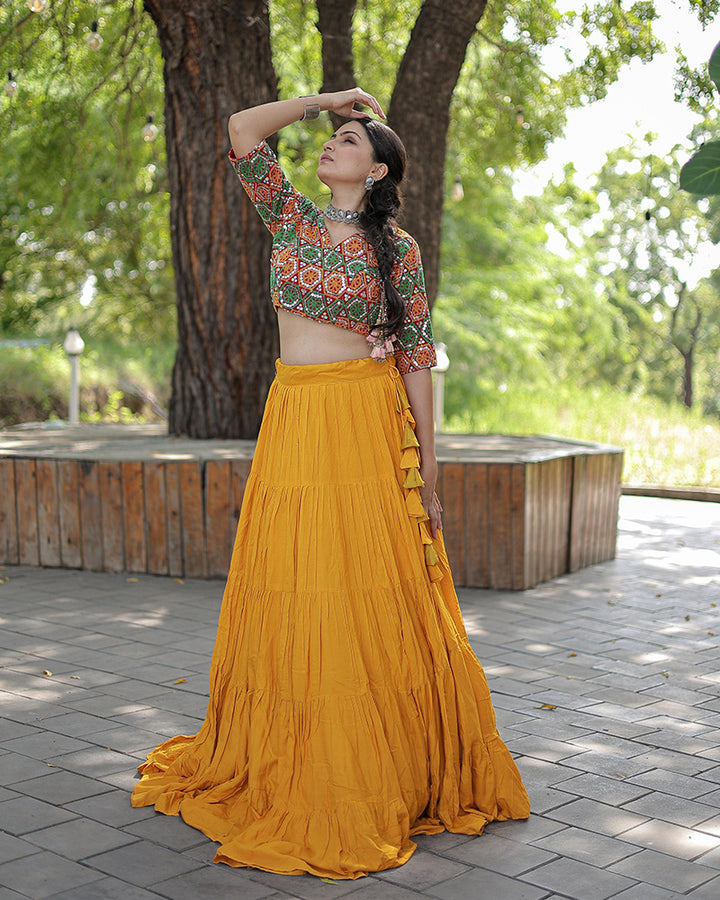 Yellow Color Rayon Full Flair Navratri Lehenga Choli