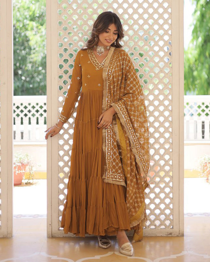 Mustard Color Faux Georgette Designer Anarkali Gown With Dupatta