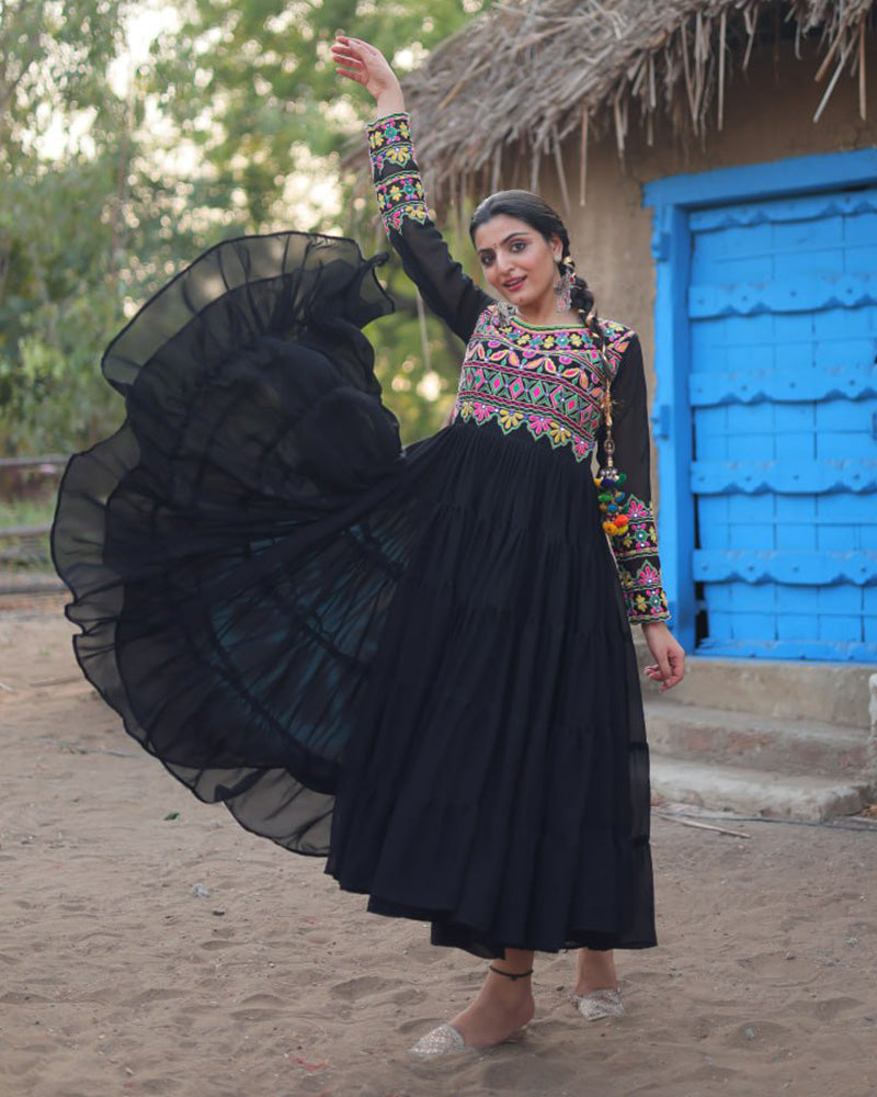 Black Color Blooming Ruffle Style Navratri Gown