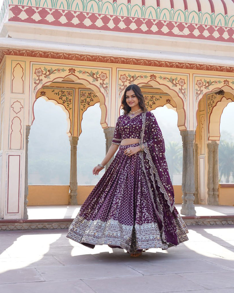 New Design Wine Color Sequence Embroidered Jacquard Lehenga Choli