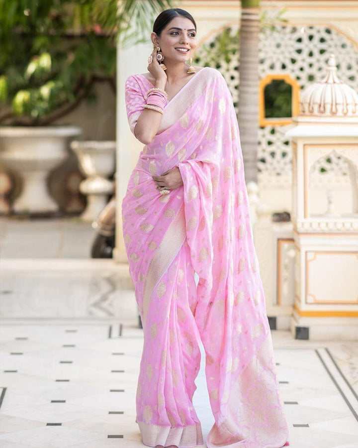 Baby Pink Color Banarasi All over Jacquard Soft Silk Saree