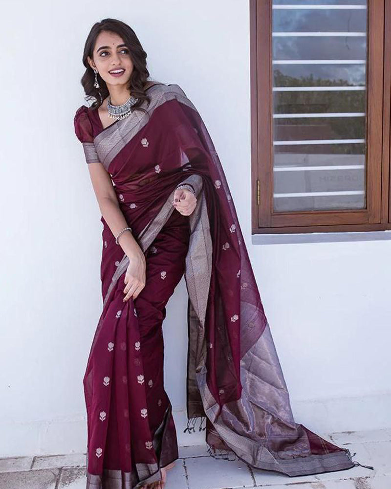 Wine Soft Linen Cotton silk Saree