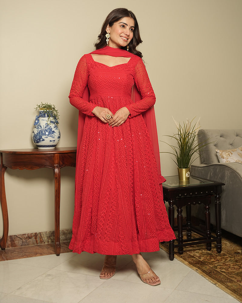 Red Color Georgette Lucknowi Three Piece Anarkali Suit