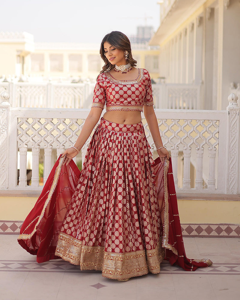 Red Color Pure Viscose Jacquard Lehenga Choli