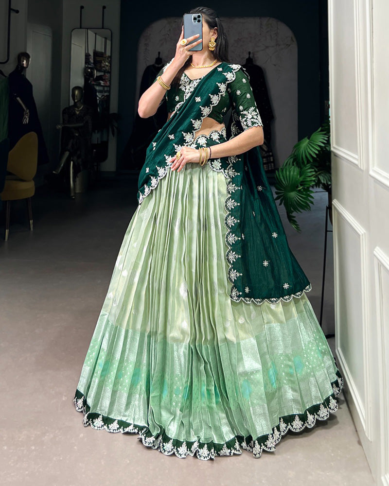 Pista Color Zari Kota Embroidered Half Saree