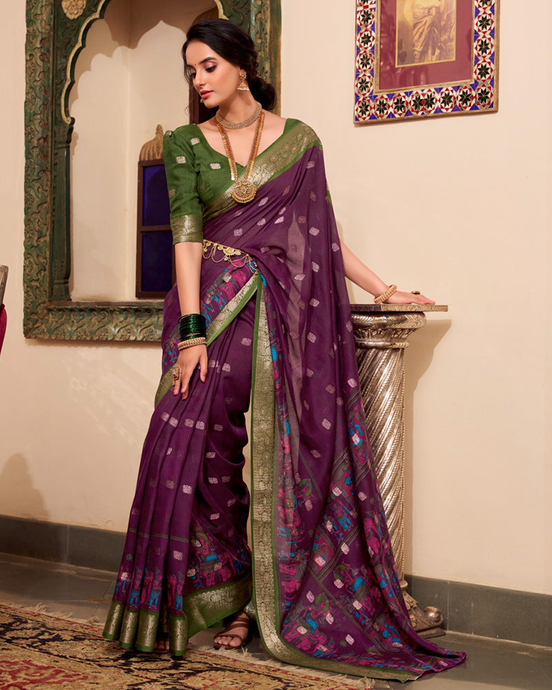 Wine Color Poly Cotton Kalamkari Print With Zari Work saree
