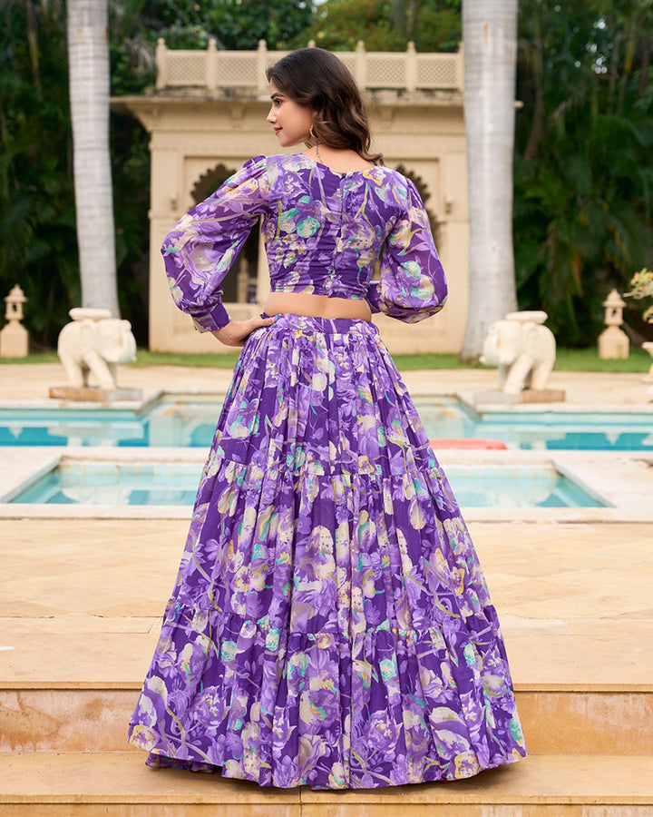 Purple Color Georgette Printed Crop Top Lehenga Choli