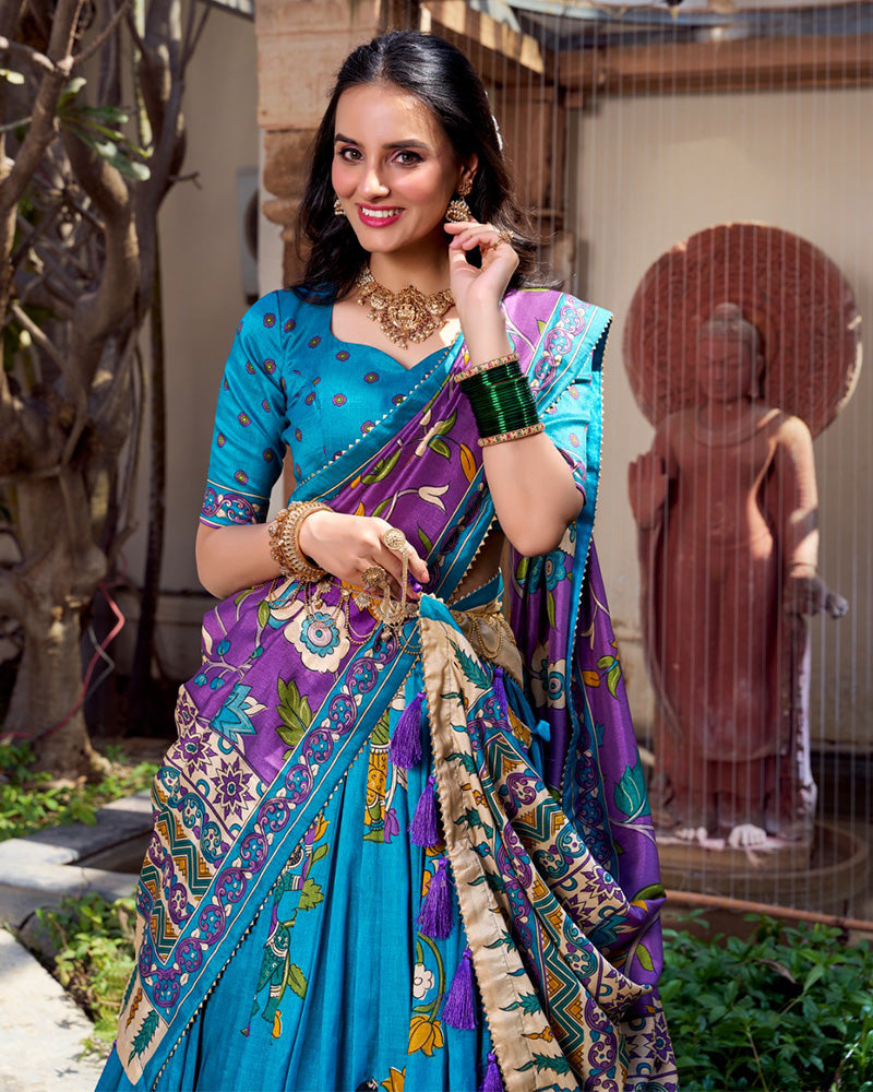 Firozi Color Tussar Silk Kalamkari Printed Half Saree