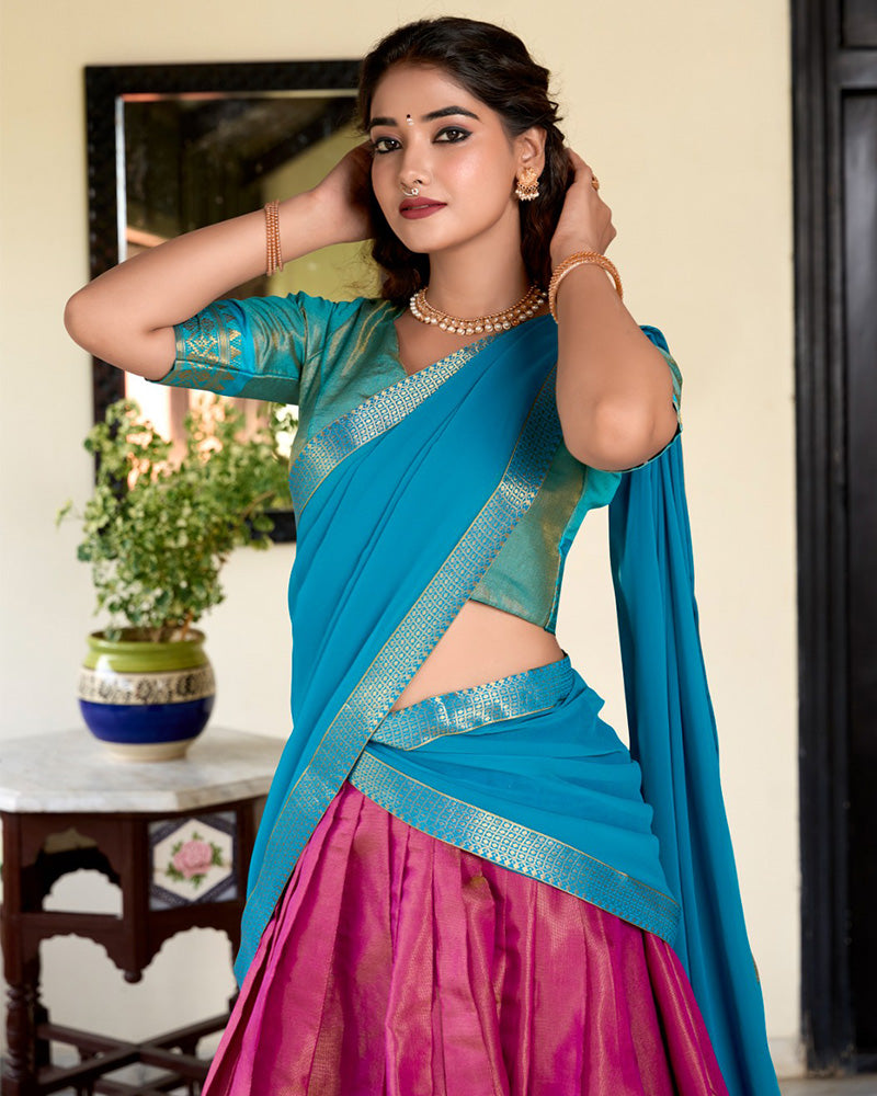 Pink Color Kanchipuram Designer Half Saree