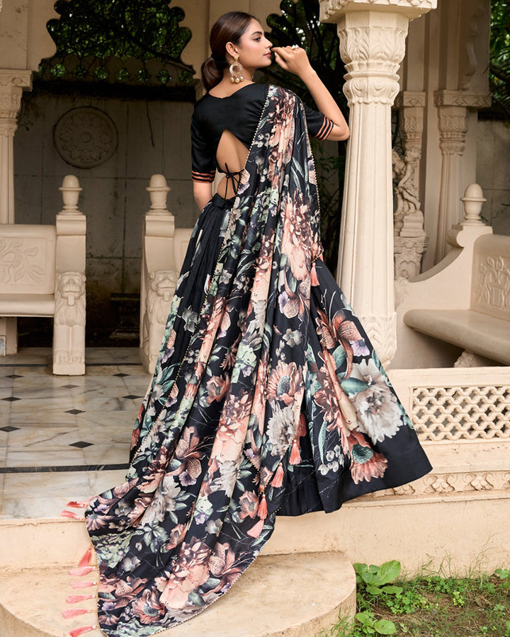 Black Color Tussar Silk Floral Printed Lehenga Choli