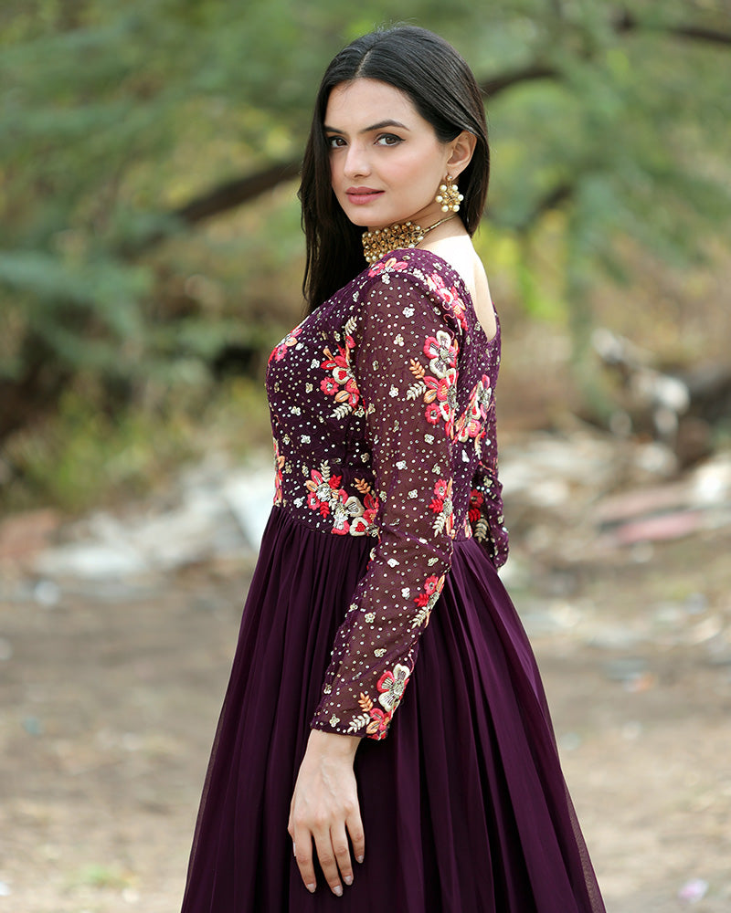 Wine Color Designer Thread Embroidery Anarkali Gown