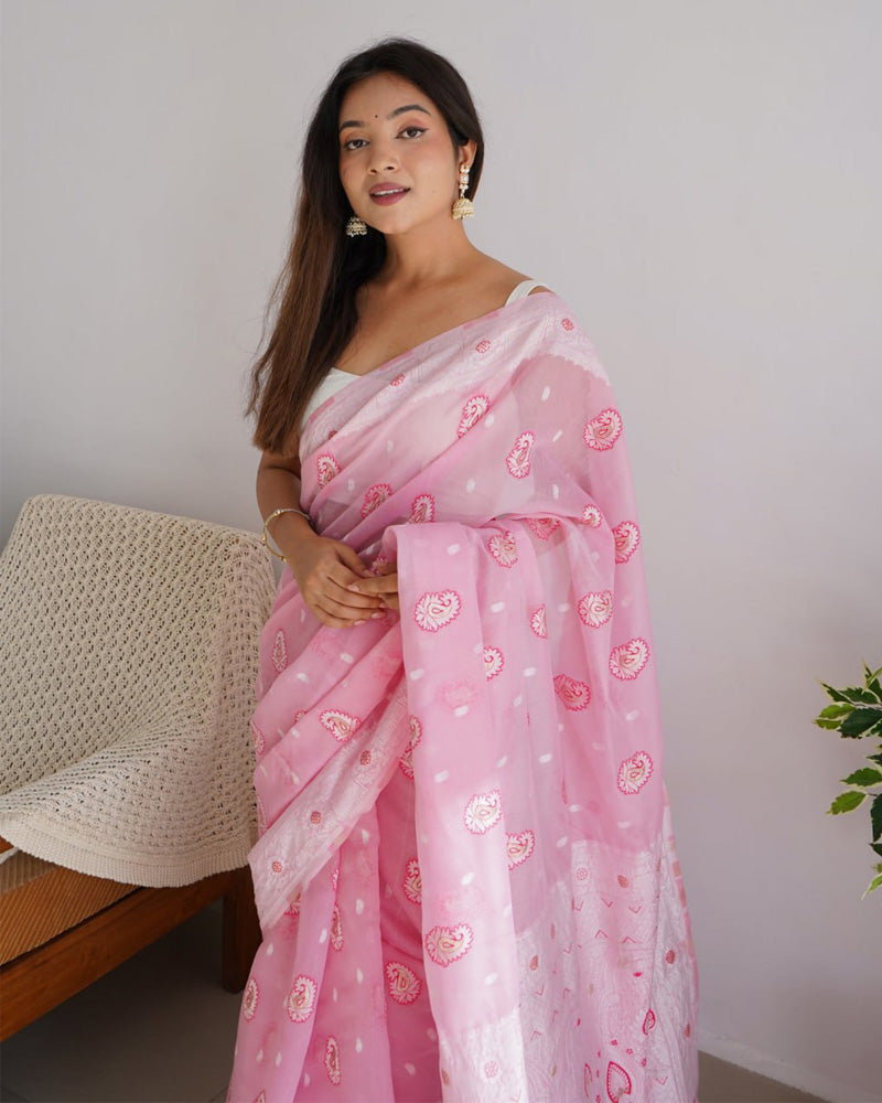 Beautiful Pink Color Soft Cotton Saree