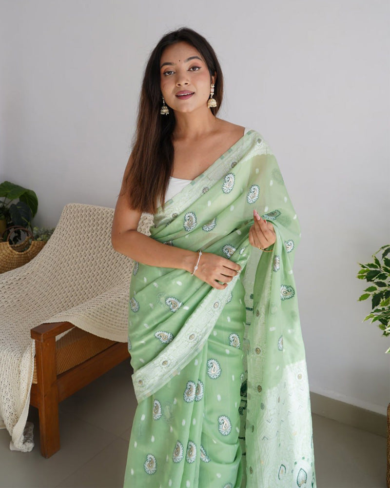 Beautiful Pista Color Soft Cotton Saree