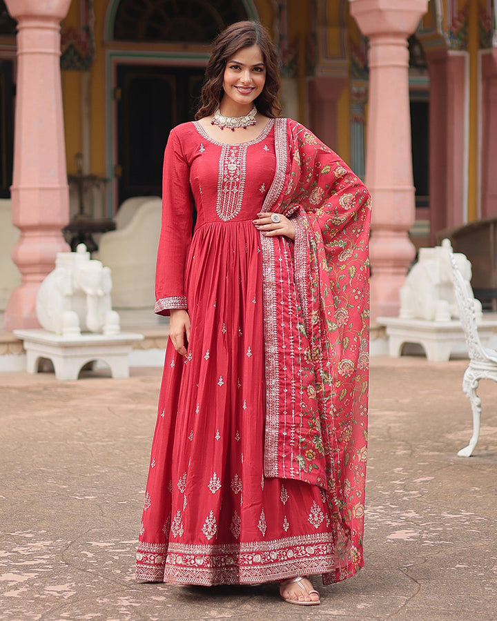 Maroon Color Chinnon Sequence Embroidered Gown