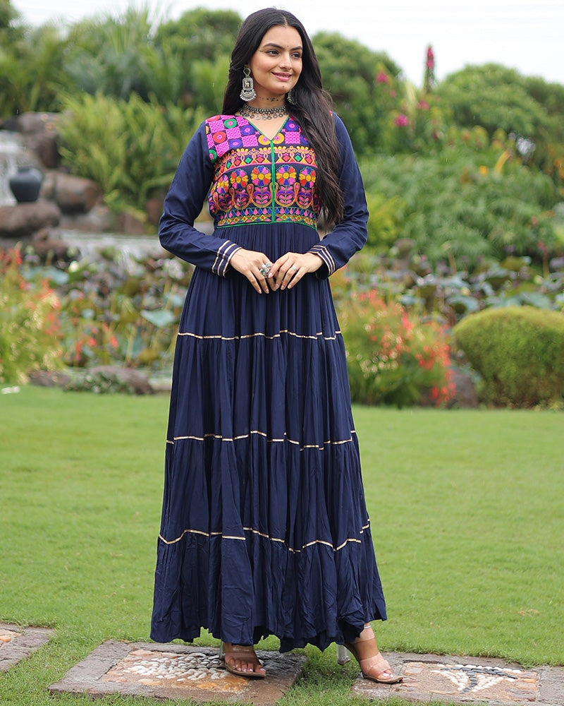 Traditional Navy Blue Kutchi Embroidered Navratri Gown