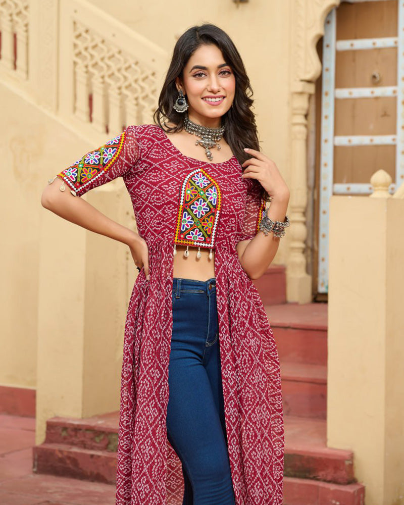 Maroon Color Georgette Bandhani Print Navratri Kurti