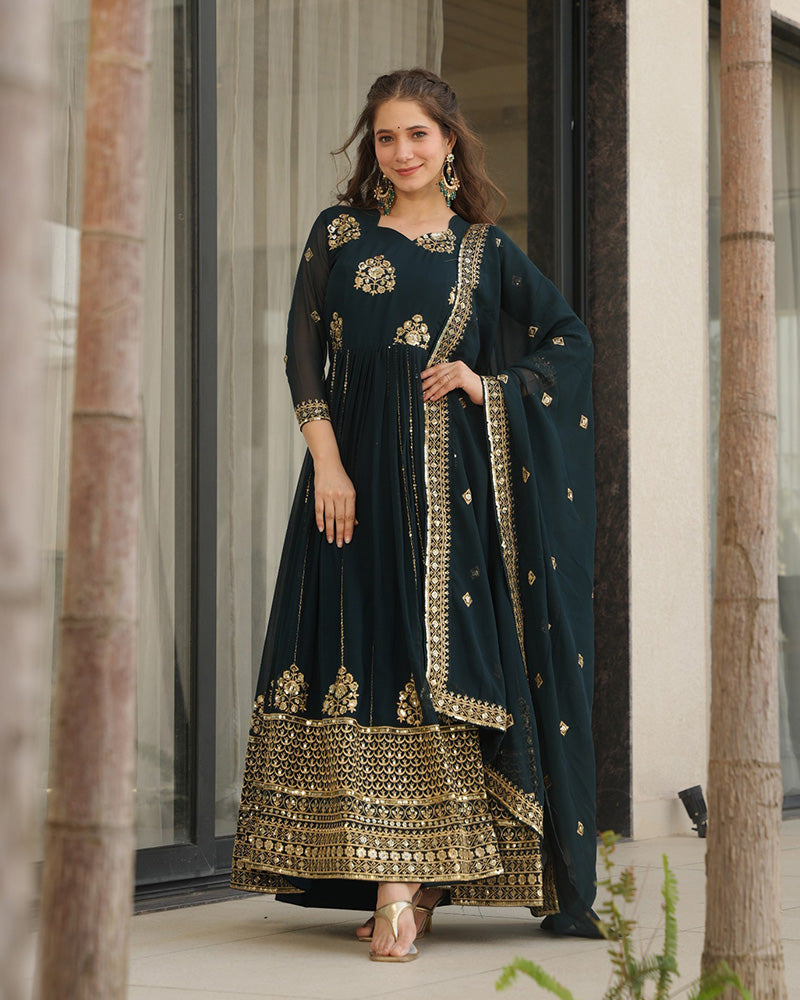 Deep Teal Green Color Designer Golden Embroidered Gown