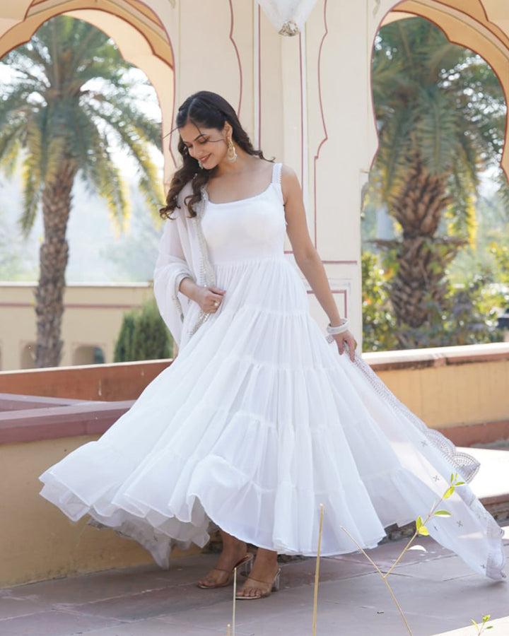 Designer White Color Frill Georgette Floor Touch Gown With Dupatta