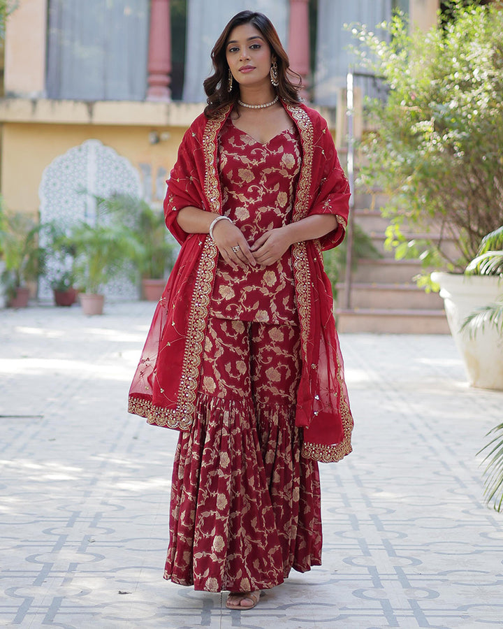 Maroon Color Georgette Jacquard Gharara Suit