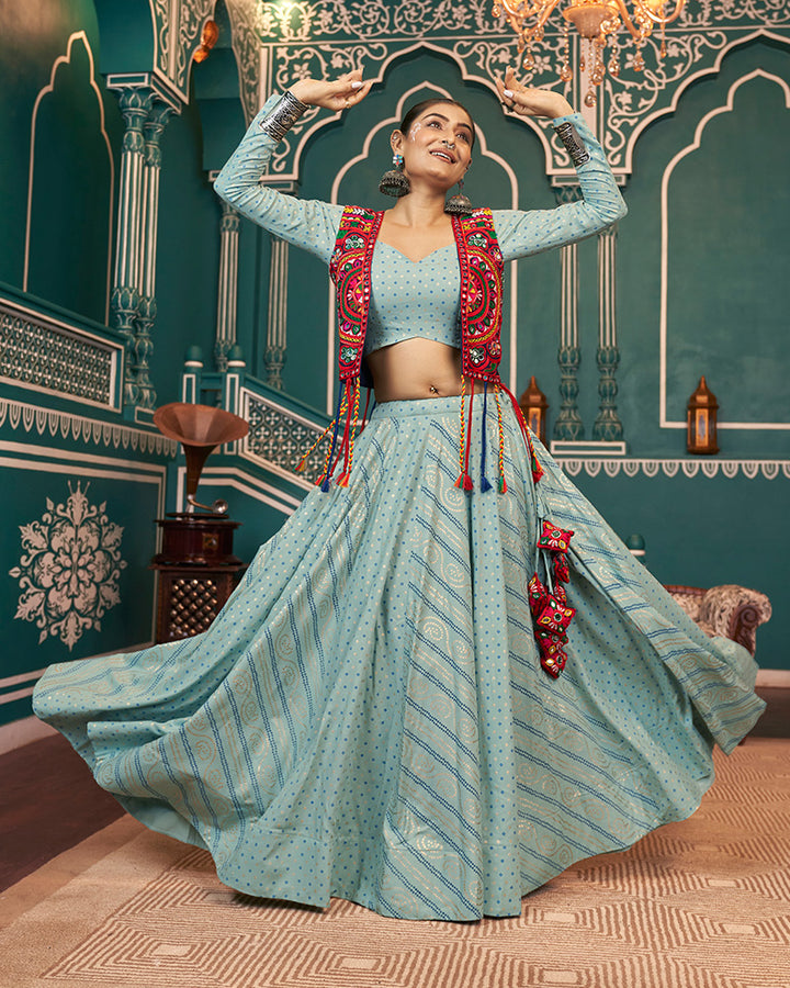 Pista Green Color Viscose Rayon Navratri Lehenga Choli