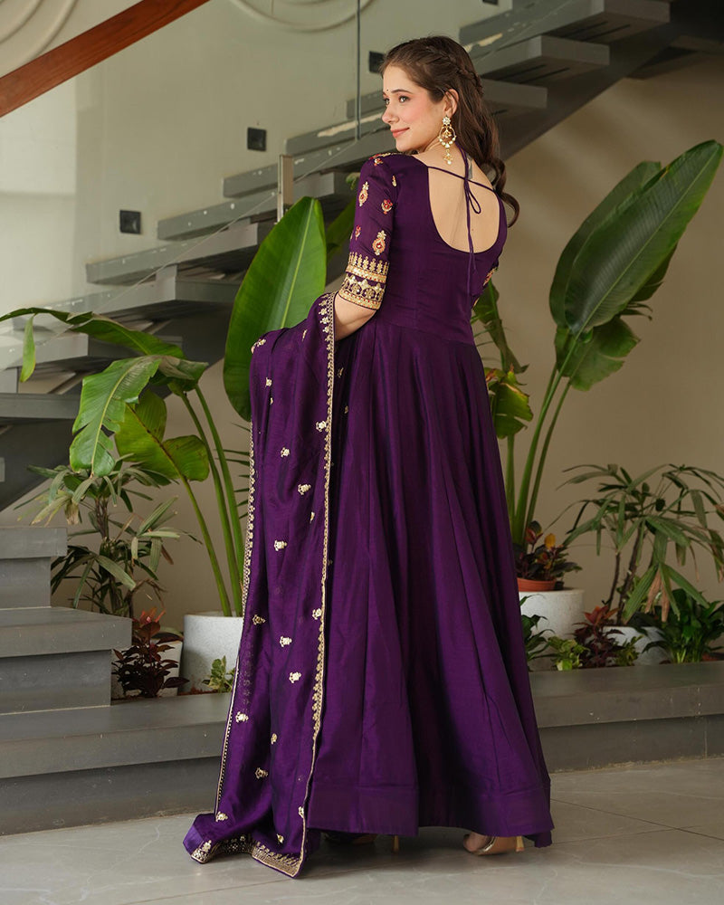 Wine Color Vichitra Silk Embroidered Gown