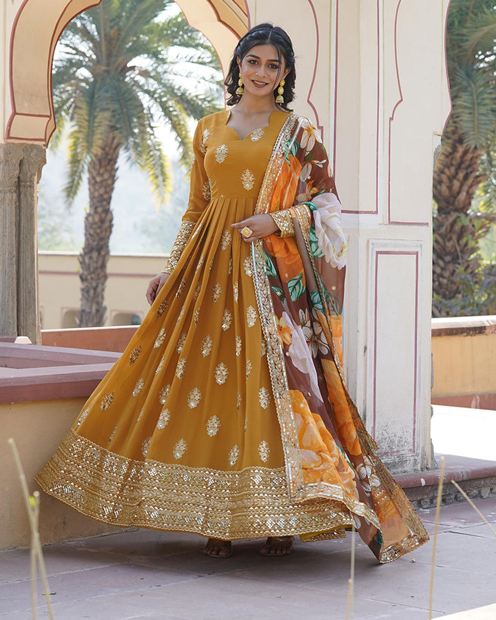 Faux Georgette Mustard Yellow Color Anarkali Gown With Tebby Silk Dupatta