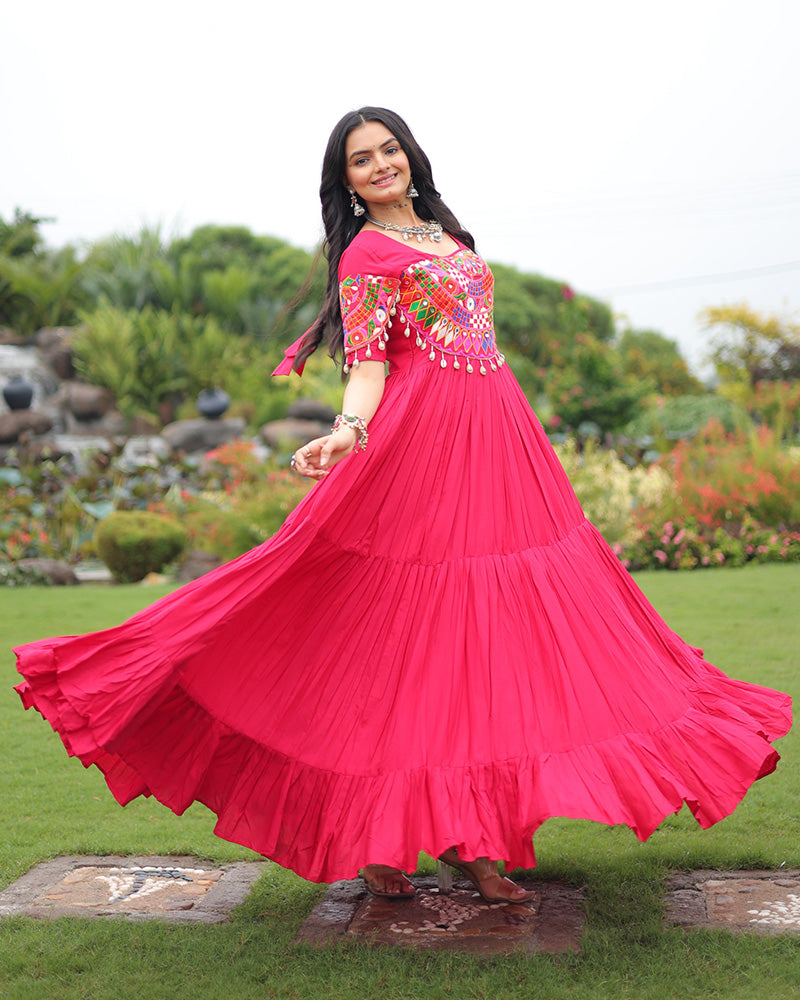 Rani Pink Color Rayon Navratri Gown