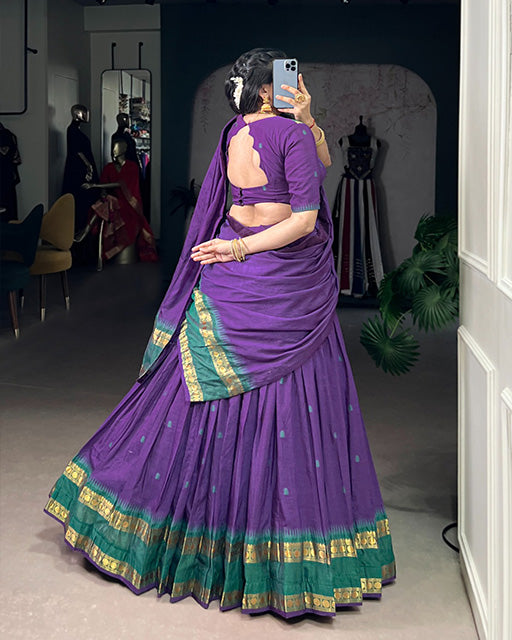 Elegant Purple Chanderi cotton half saree lehenga choli