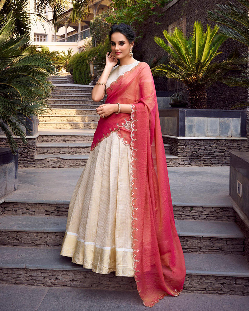 Off-White Color Jacquard Chex Half Saree