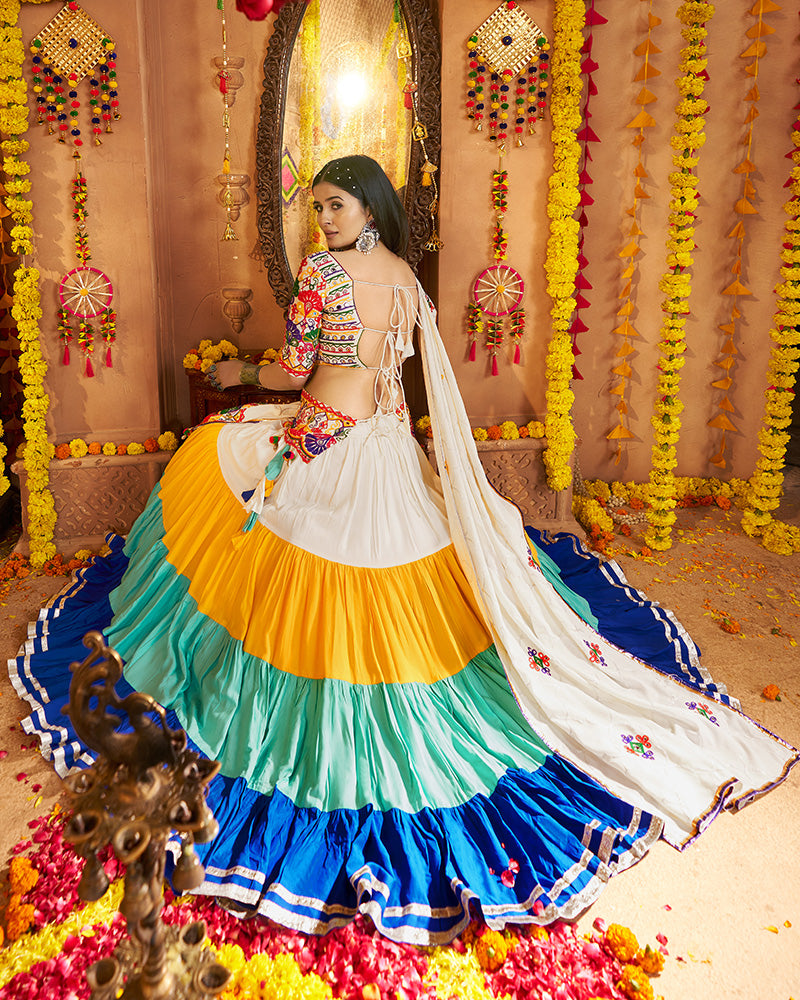 Traditional White Multi Color Thread And Mirror Work Lehenga Choli