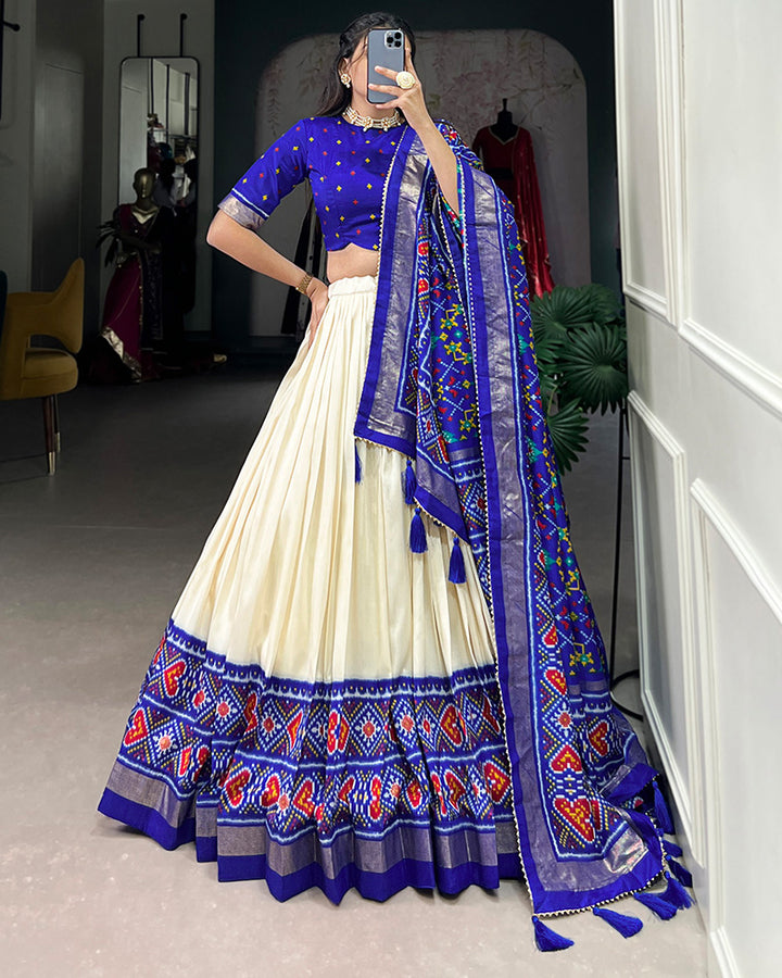 Royal Blue Color Tussar Silk Patola Printed Lehenga Choli