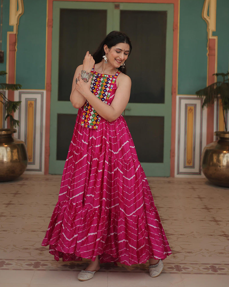 Rani Pink Color Chinon Laheriya Print Navratri Gown