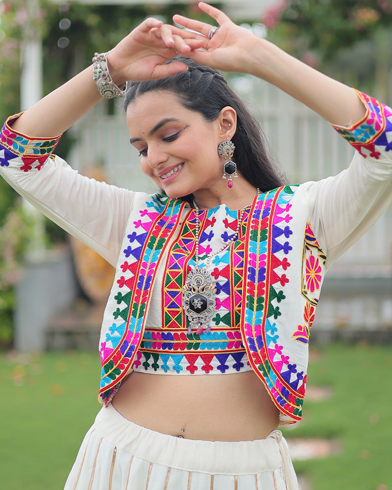 Elegant Off-White Mirror Work Navratri Lehenga With Jacket Style