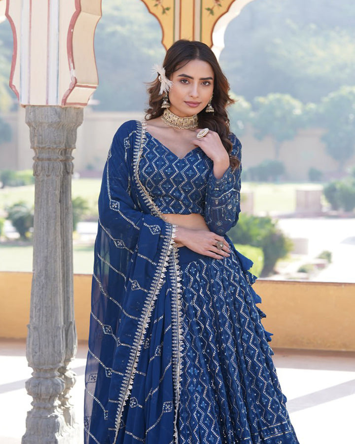 Rama Color Georgette Heavy Embroidery Threaded Semi Stitched Lehenga Choli