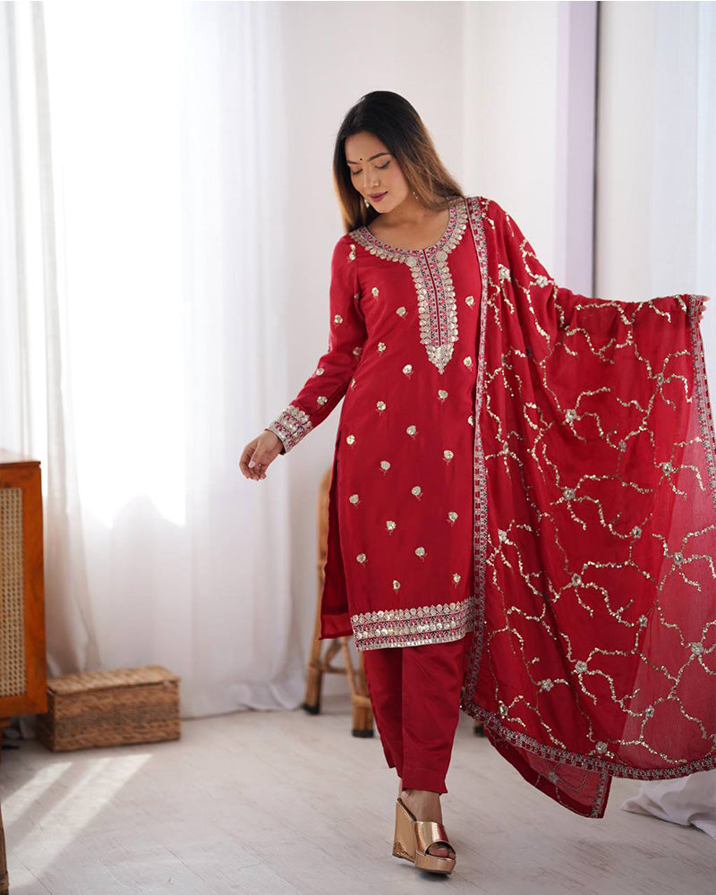 Red Color Chinon Silk Embroidered Three Piece Kurti Suit