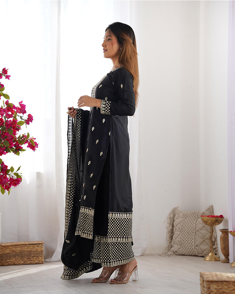 Black Color Chinon Silk Three Piece Kurti Suit