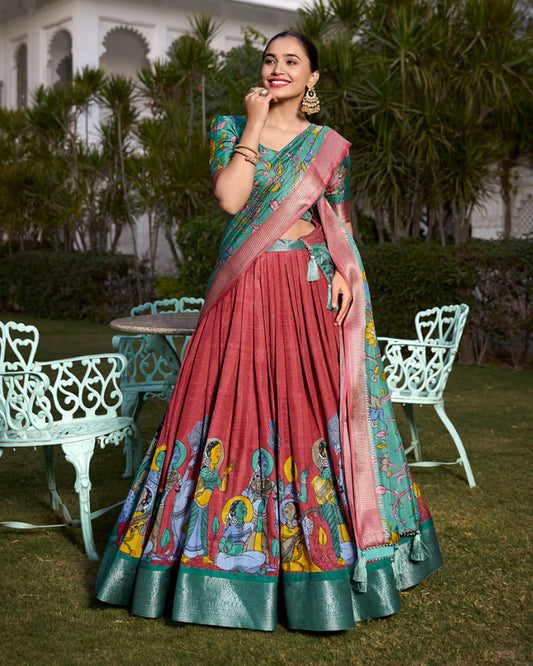 Orange Color Dola Silk Kalamkari Printed Half Saree