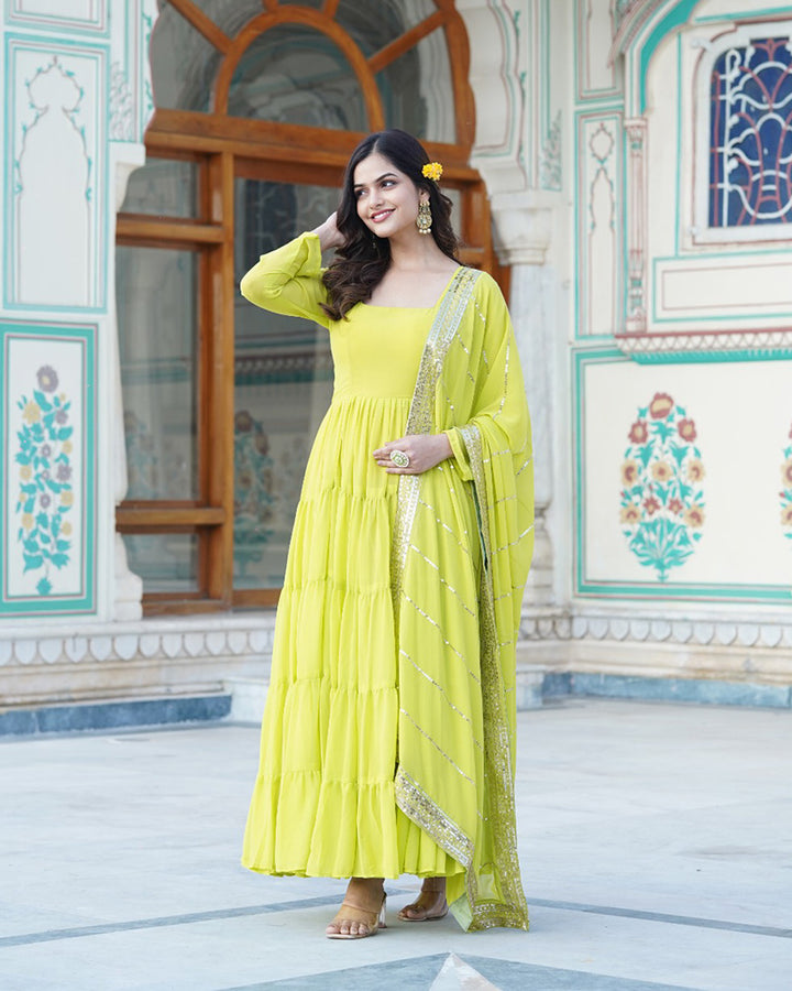 Parrot Color Five layer Georgette Anarkali Gown With Dupatta