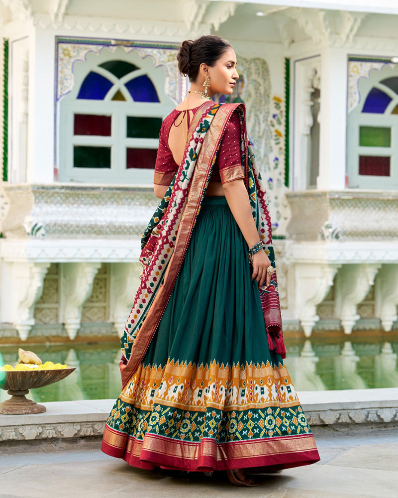 Green Color Tussar Silk Patola Printed Lehenga Choli