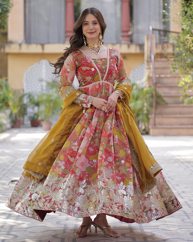 Pinkish Red Color Alia Cut Embroidered Gown With Dupatta