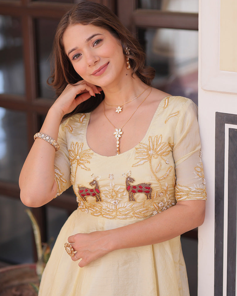Cream Color Gold Crush Embroidered Work Gown