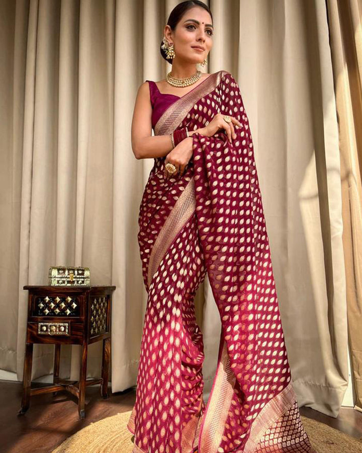 Beautiful Maroon Color Banarasi Jacquard Weaving Saree