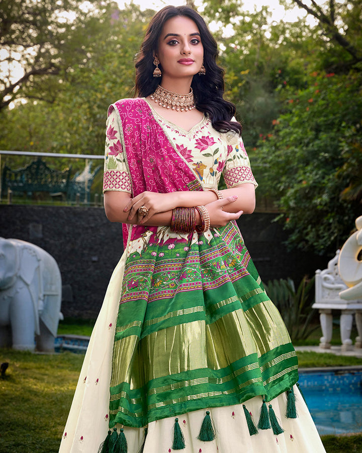 Lotus Shape Off-White Color Cotton Lehenga Choli