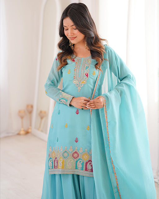 Sky Blue Color Pure Soft Crunchy Silk Sharara Suit