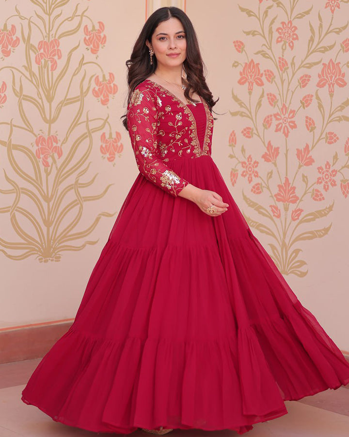 Elegant Rani Pink Floor-Length Gown With Golden Threadwork