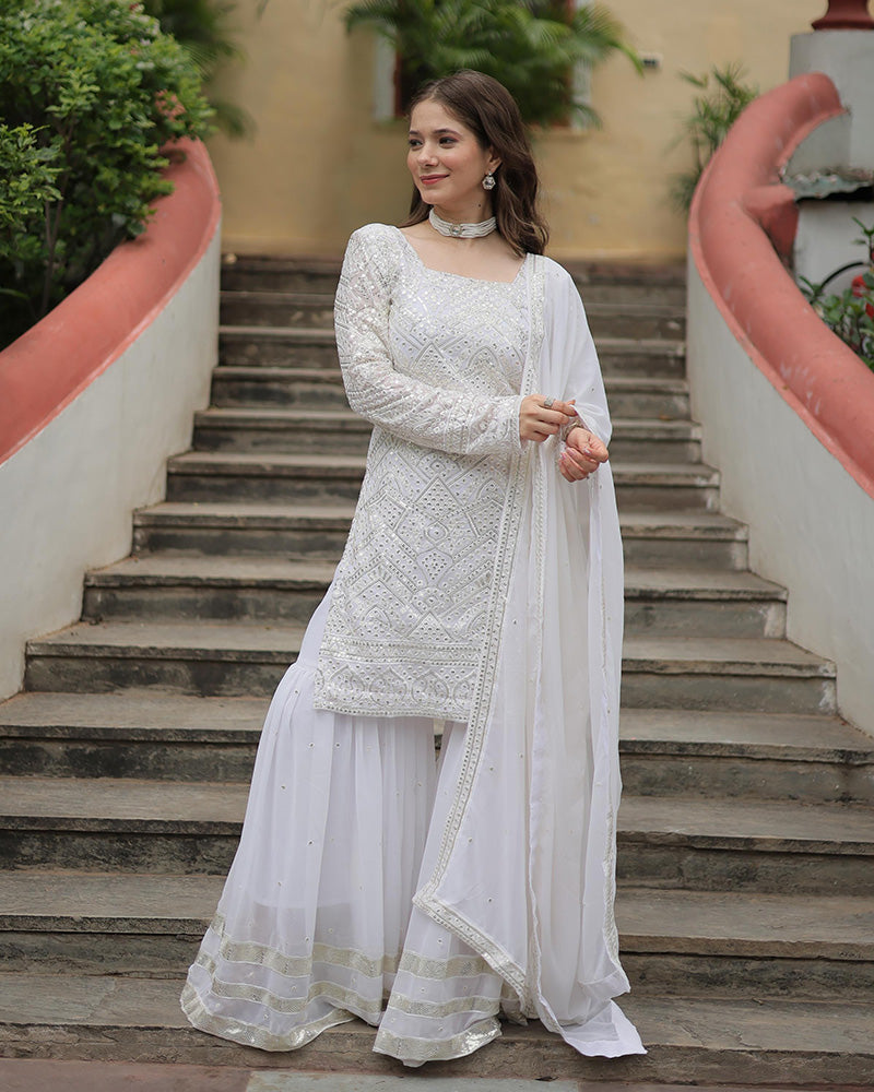 White Color Faux Georgette Embroidered Sharara Suit