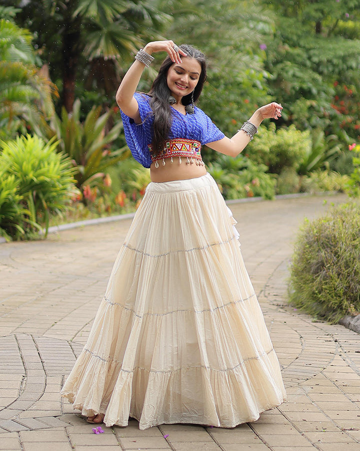 White Color Kora Cotton Lehenga With Blue Choli