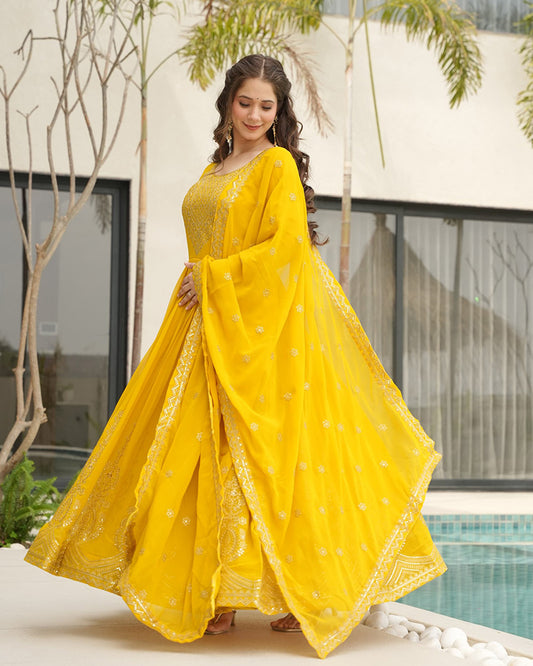 Yellow Color Faux Blooming Embroidered Gown